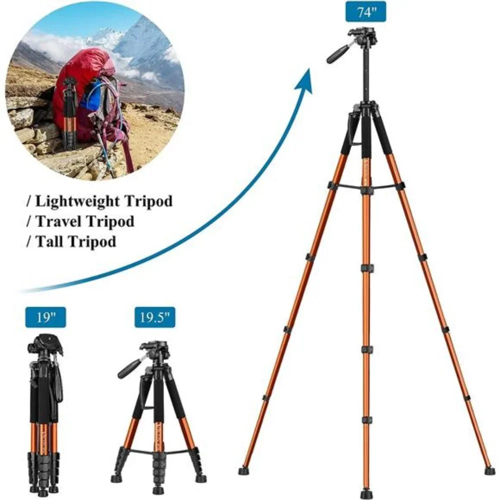 Tripod 74” Camera Tripod for Cell Phone, Aluminum Professional Heavy Duty Camera